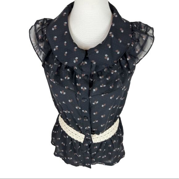 Line & Dot Ruffled Chiffon Peplum Top Size Small - Picture 1 of 6